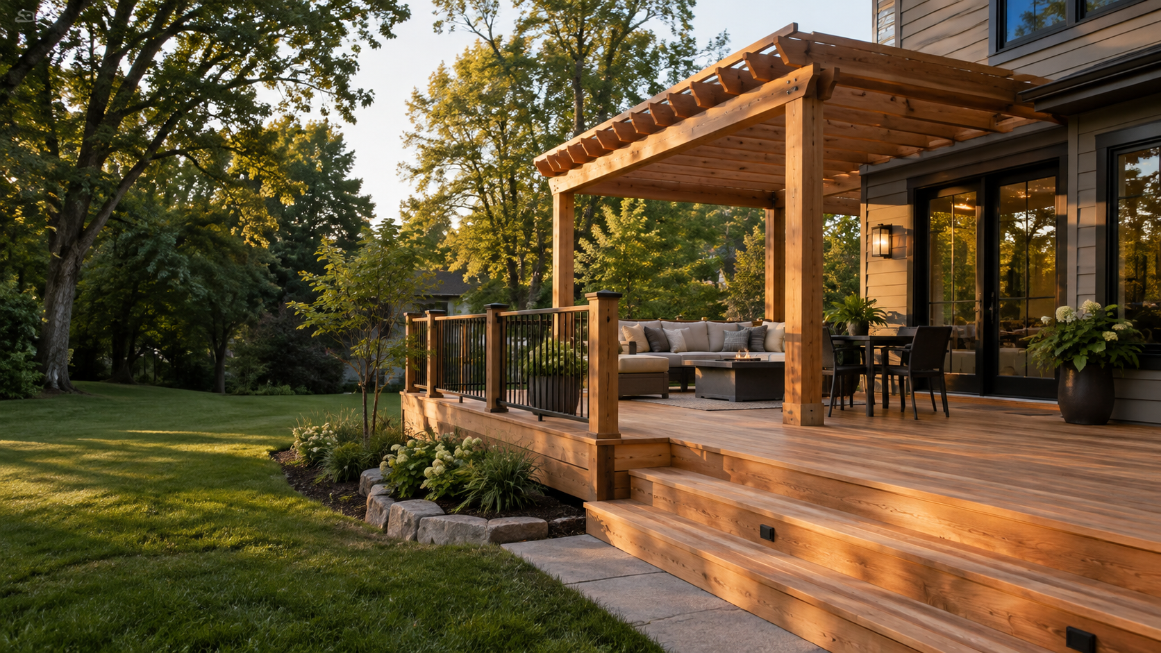 Concept of a cedar deck and pergola overlooking a landscaped yard