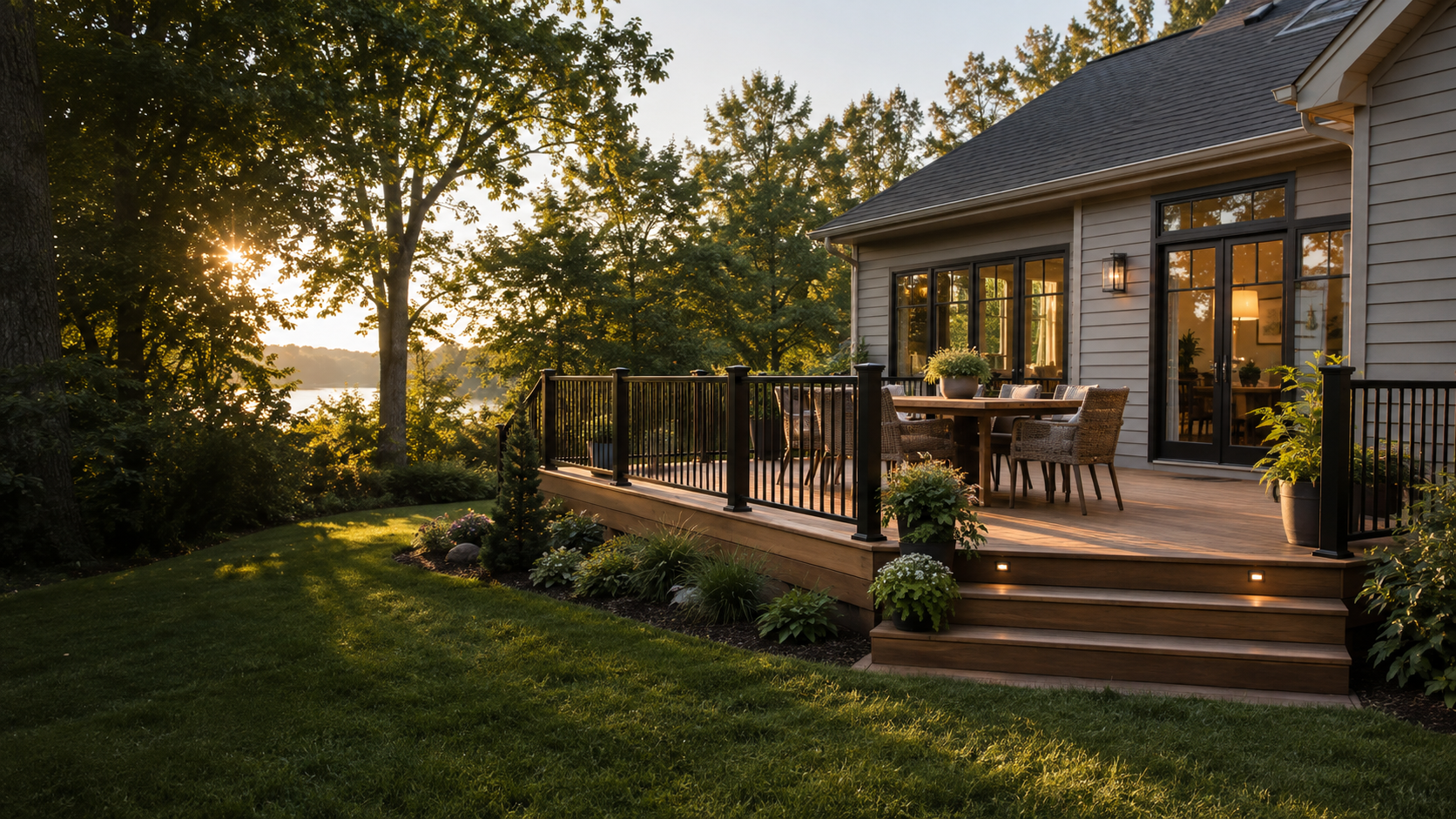 Concept of a cedar deck with black railings beside a home in warm afternoon light