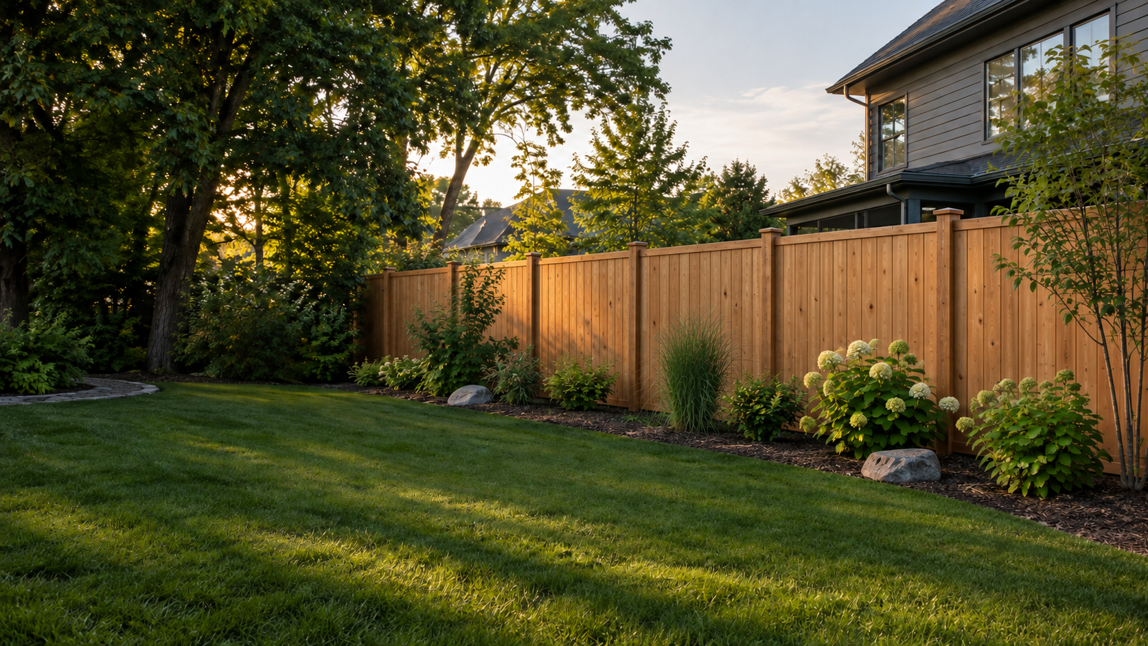 Concept of a vertical-board cedar privacy fence bordering a green Wisconsin yard