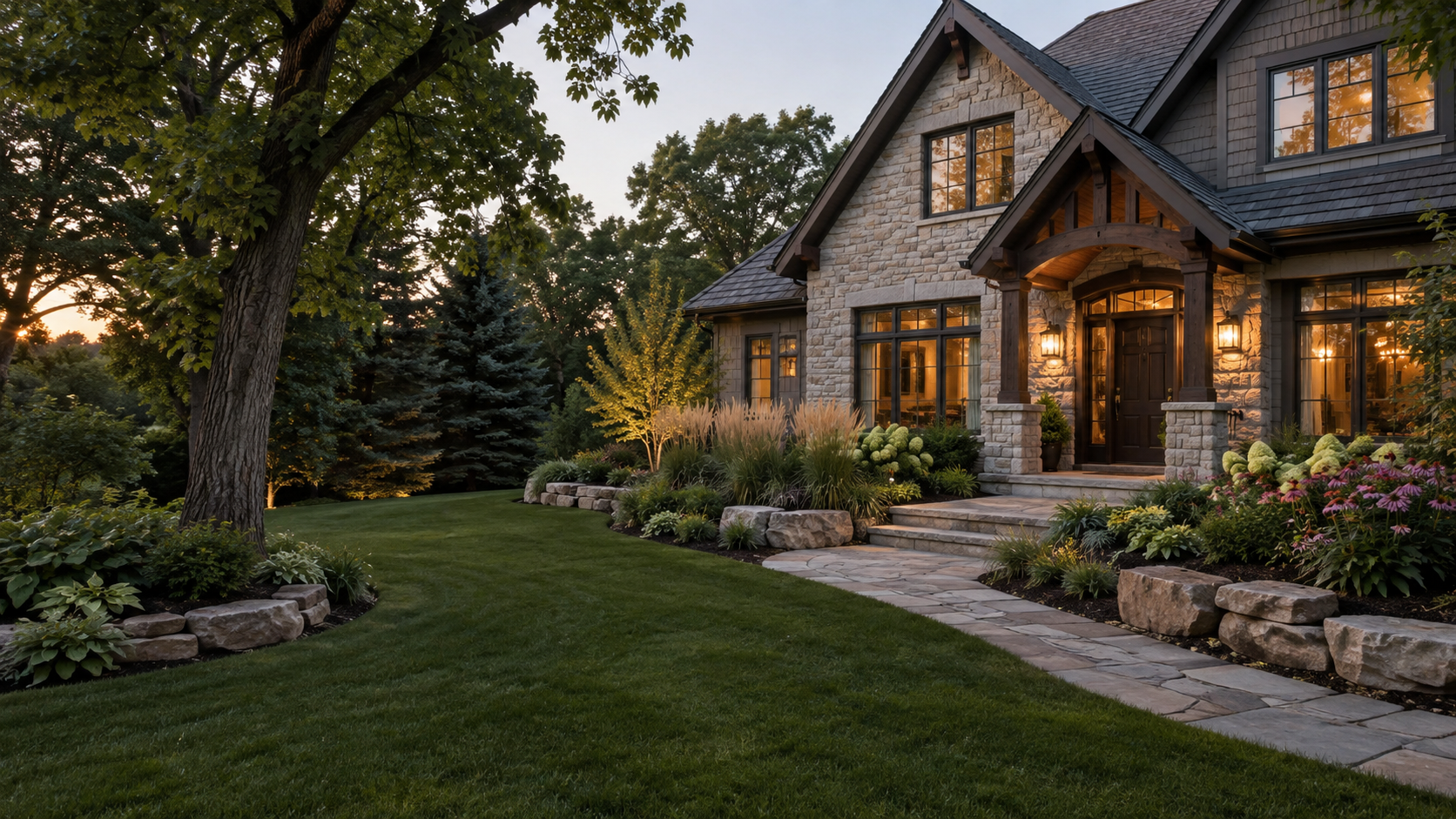 Concept of landscaped garden beds, a stone path and a green lawn