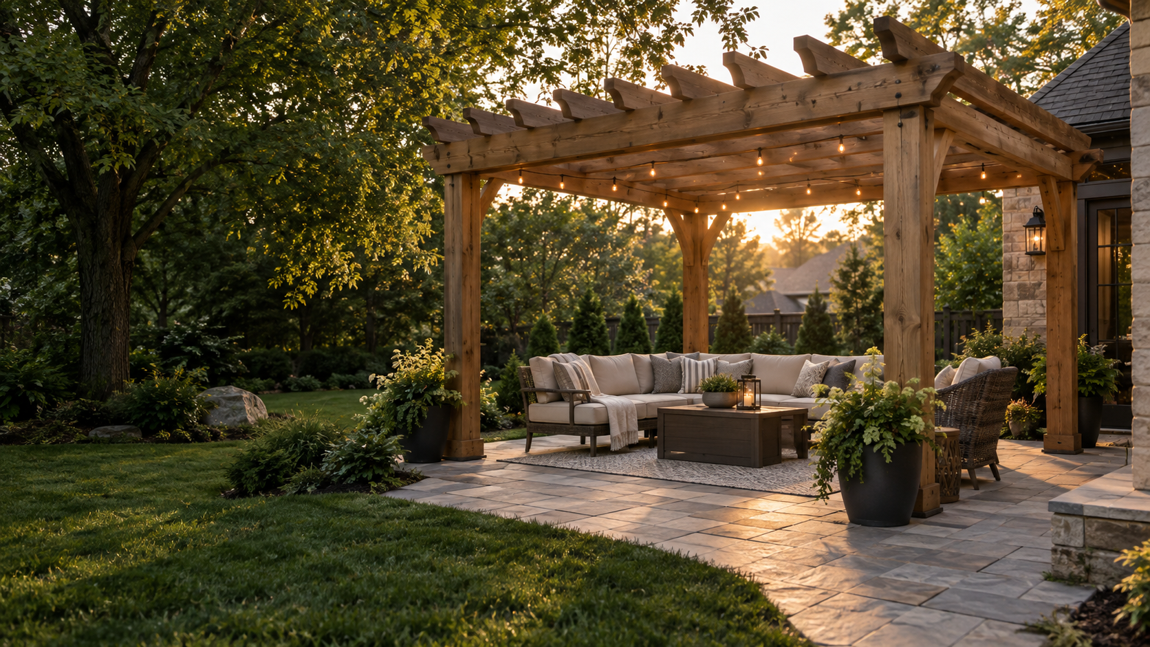 Concept of a timber pergola over a stone patio with outdoor seating