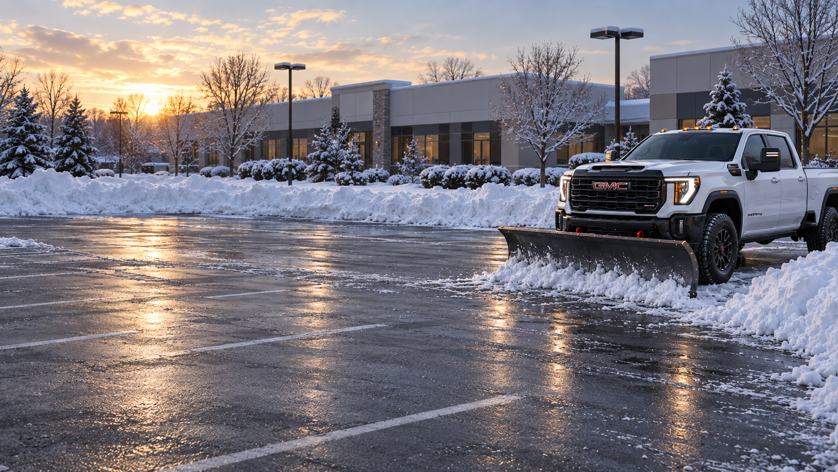 Concept of a white GMC Sierra 2500HD AT4 with a front snowplow clearing a commercial parking lot